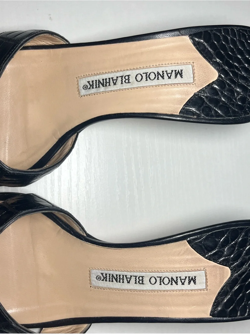 Manolo Blahnik Black Cross-Strap Leather Slide Heels